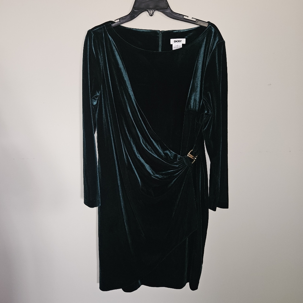 NWOT DKNY Long Sleeve Ruched Bodice Faux Wrap Velvet Midi Dress:Hunter Green: 16 - Picture 4 of 13